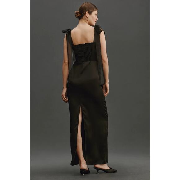 REFORMATION Kacia Black Satin Sheer Organza Bow Tie Straps Maxi Dress US 10 NWT - Picture 5 of 13